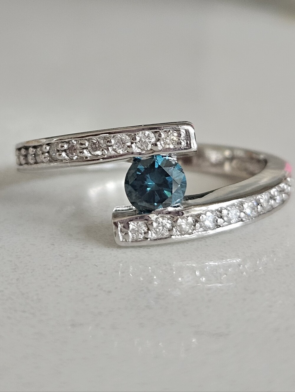 Solid 14k White Gold Tension Set Natutal Fancy Blue Diamond Engagement Ring